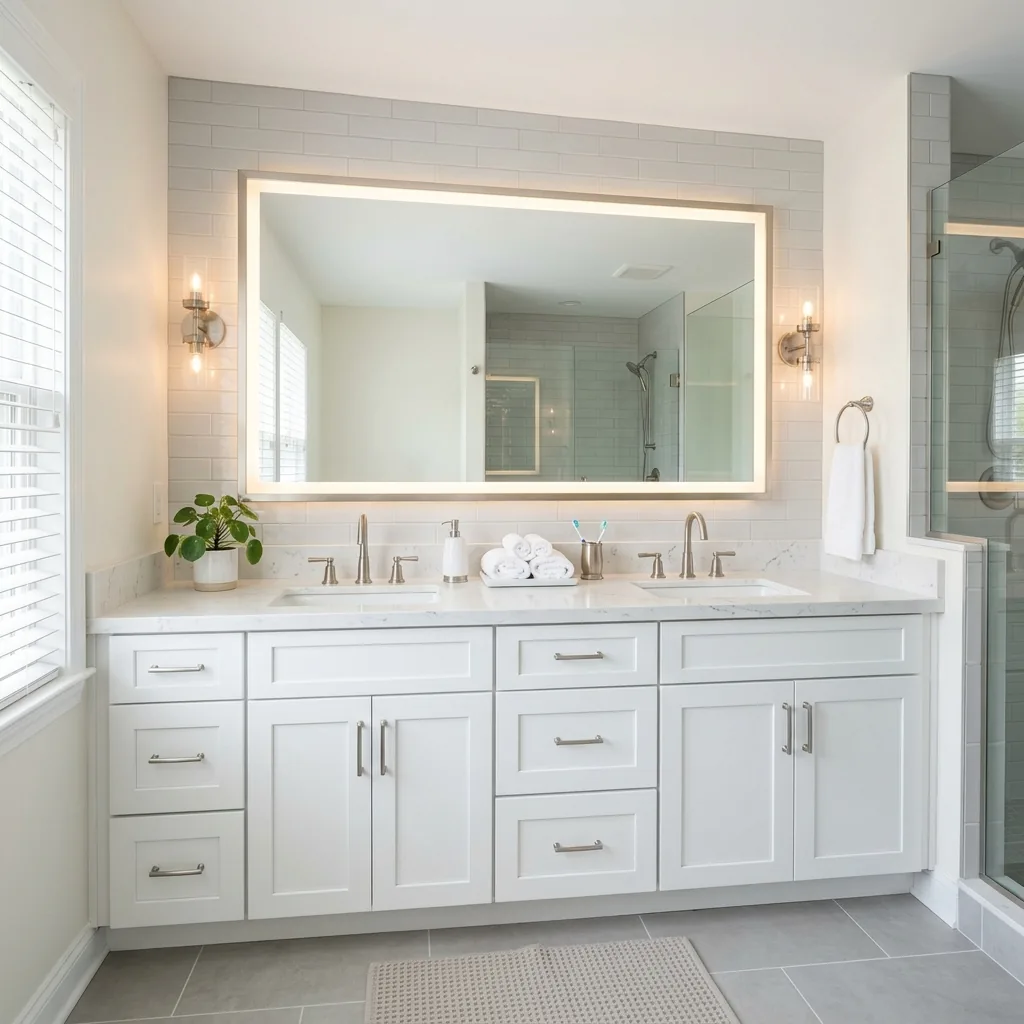 Modern bathroom vanity and bathtub area during a renovation project in Seattle Washington