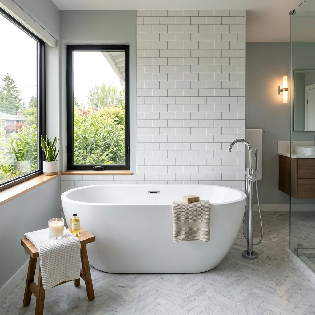 Newly installed freestanding soaking bathtub in a modern Seattle Washington bathroom with herringbone tile floor
