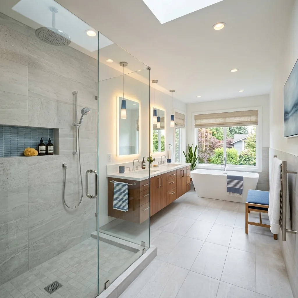 Professional bathroom remodeling project in Seattle Washington with modern walk-in shower and custom tile installation