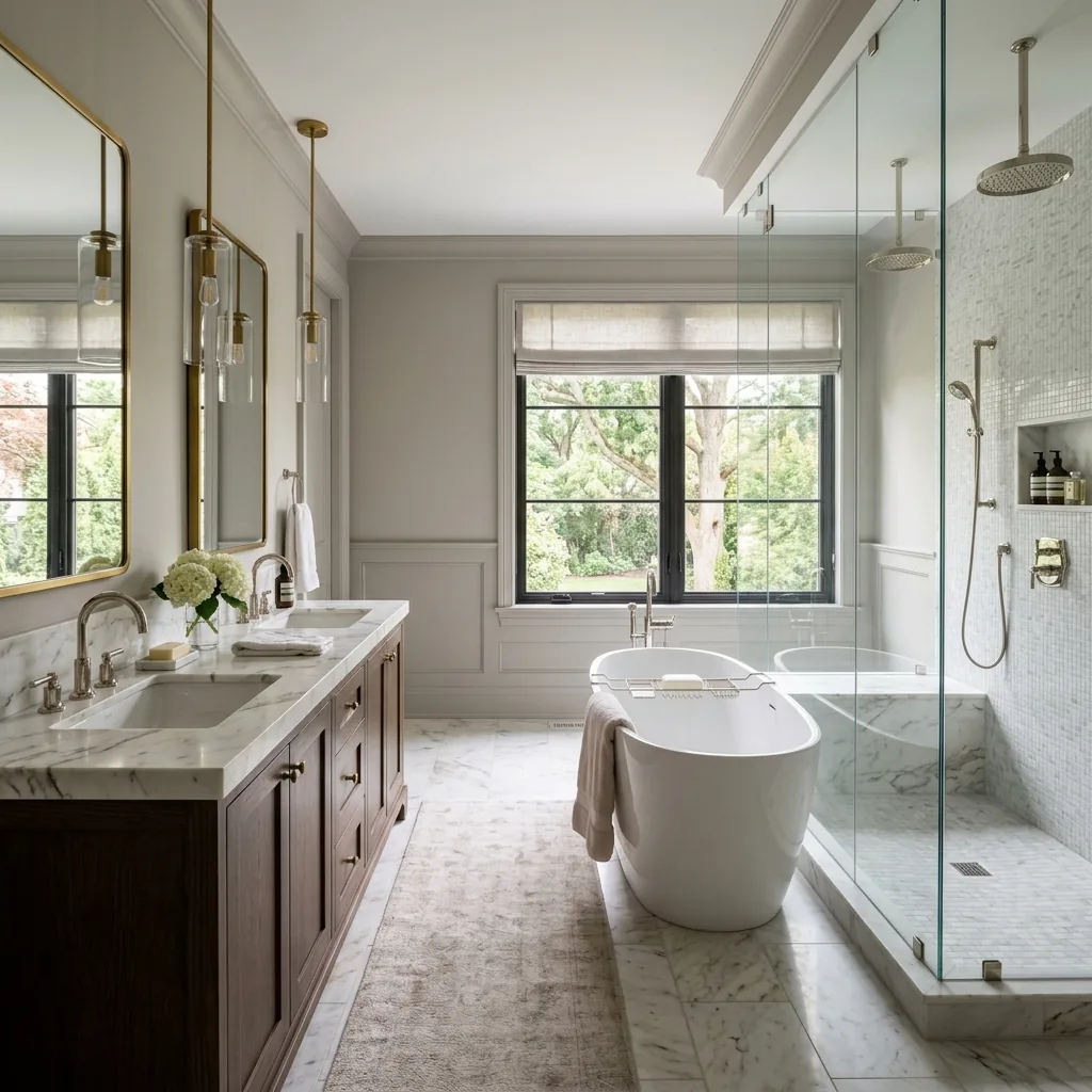 Luxury master bathroom renovation in a Seattle Washington home featuring freestanding tub walk-in shower and double vanity with marble countertops