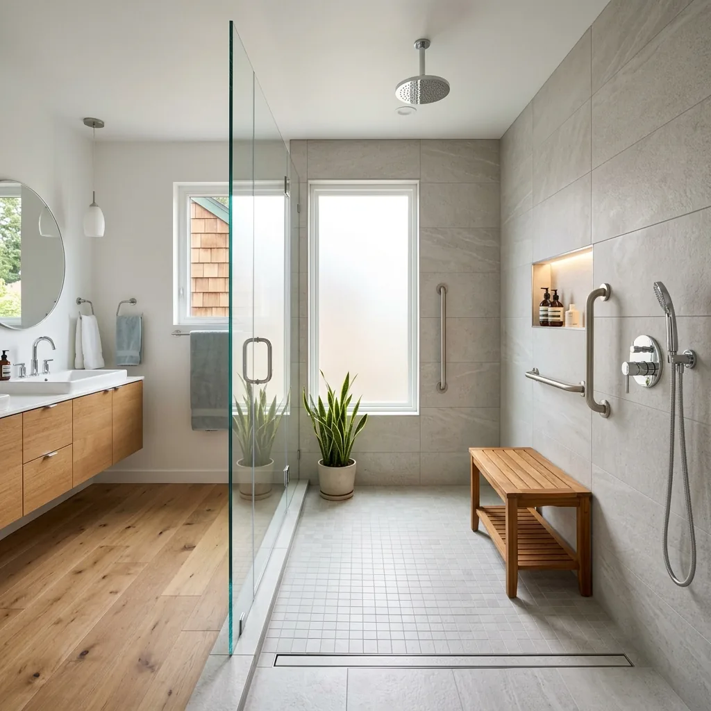 Completed tub-to-shower conversion in a Seattle Washington home with curbless glass shower enclosure and built-in storage niche