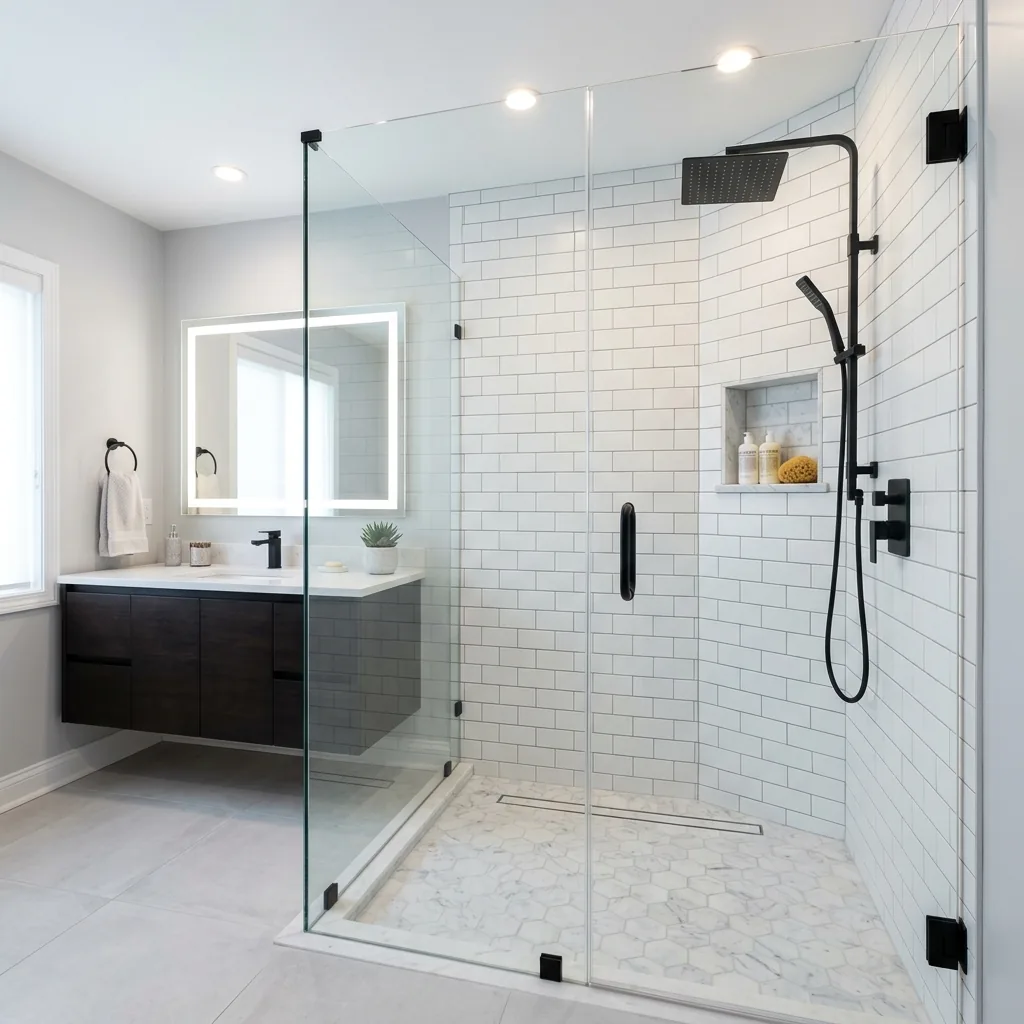 Custom tile walk-in shower with frameless glass panel in a Seattle bathroom renovation