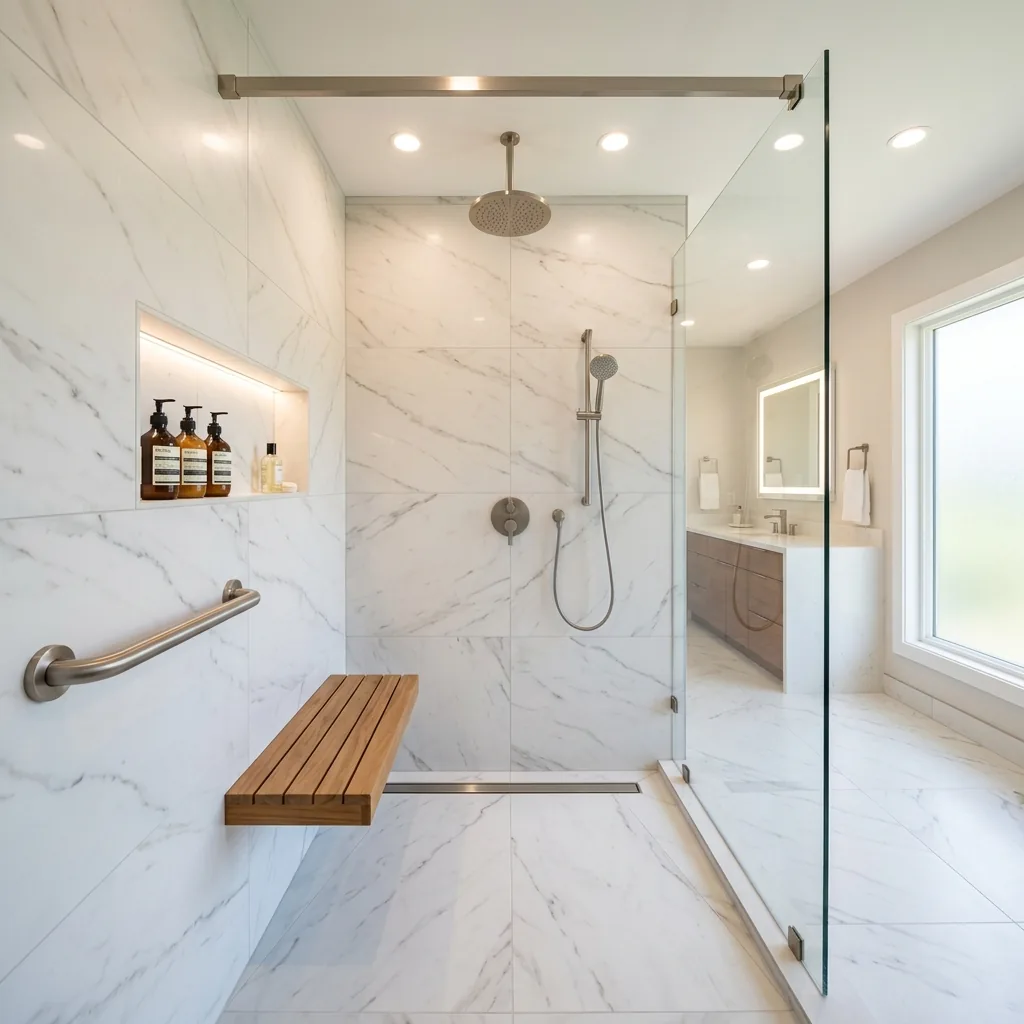 Custom walk-in shower installation with curbless glass enclosure and rainfall showerhead in a Seattle Washington bathroom