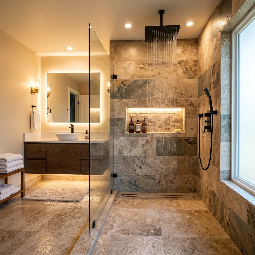 Professional walk-in shower with glass panel and grab bars installed in a Seattle Washington bathroom